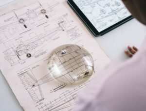 Crop unrecognizable mechanic holding magnifying glass on paper with airplane drawing while working on project on tablet in aircraft factory